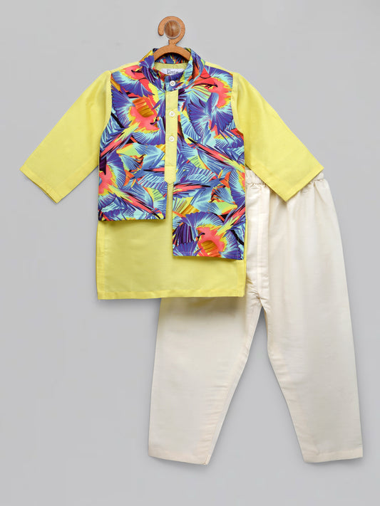 Lime Yellow Kurta with Printed jacket attached Kurta Pyjama