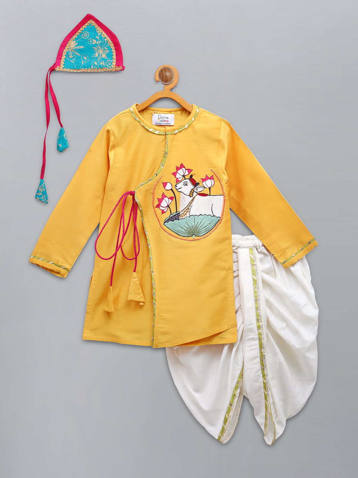 Mustard Pichwai Embroidered Angrakha Kurta Dhoti  Set