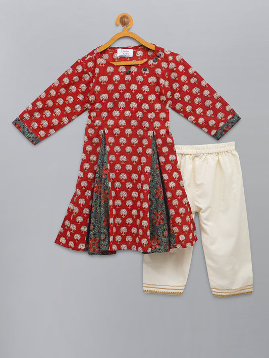 Red Printed Godet Kurta with Offwhite Pyjama