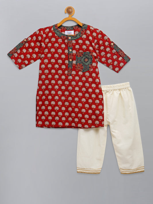 Red Printed Kurta with Pyjama