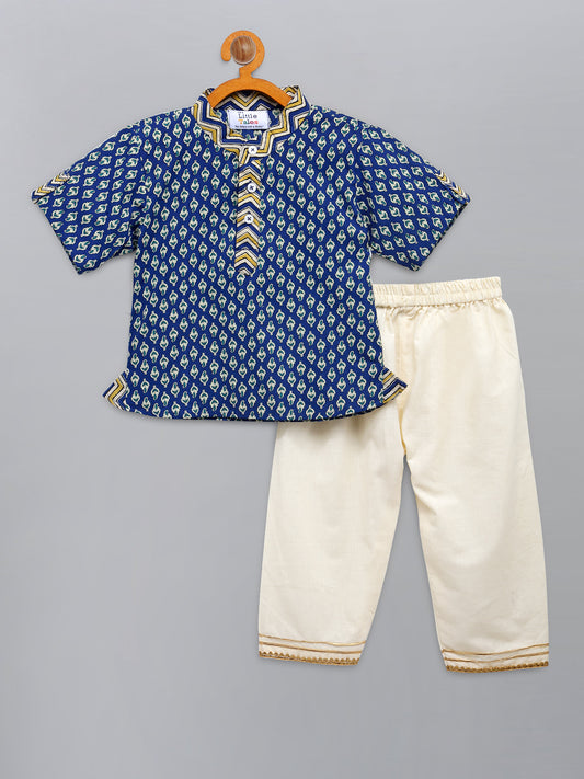 Blue Printed Short Kurta with Pyjama