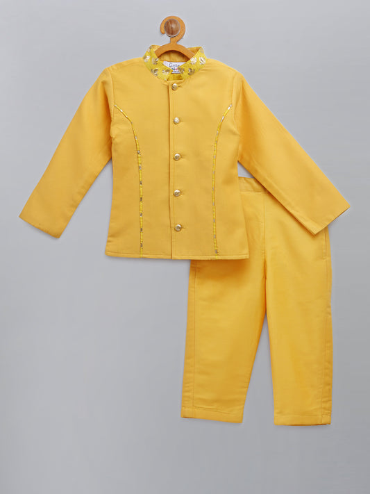 Mustard Yellow Silk Bandhgala set