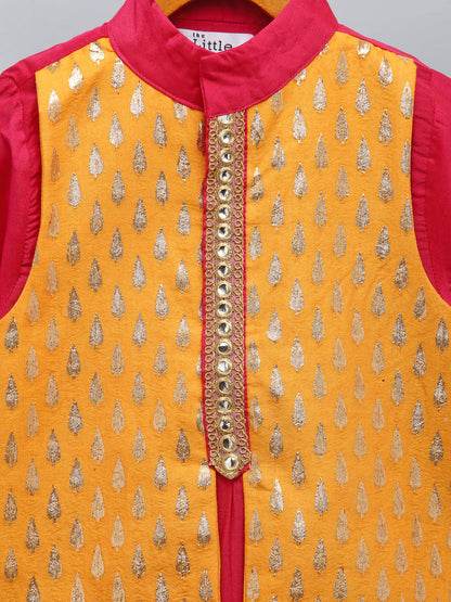 Fuschia Pink kurta with Yellow Zari attached Jacket with Pyjama