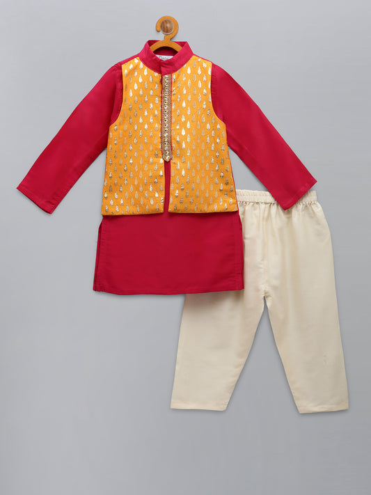 Fuschia Pink kurta with Yellow Zari attached Jacket with Pyjama