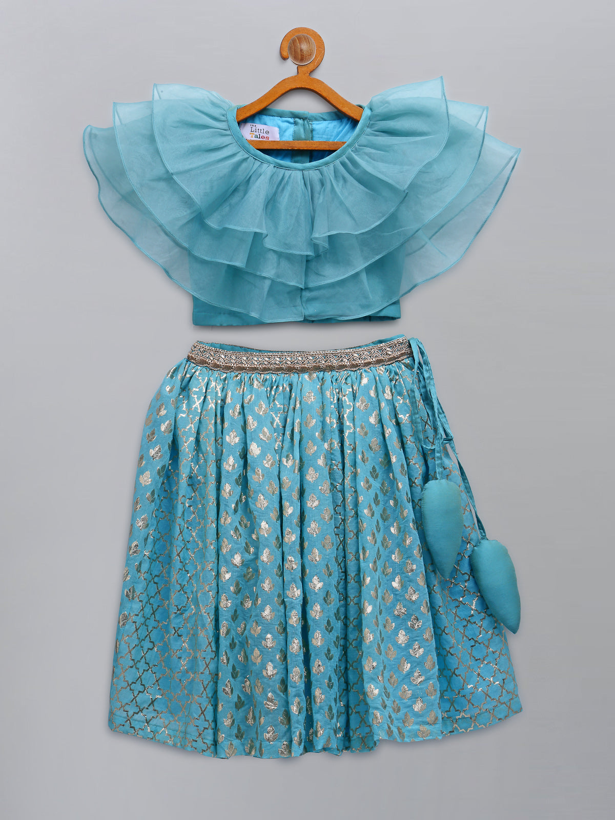 Blue Organza Ruffled blouse with Cotton Zari Lehnga