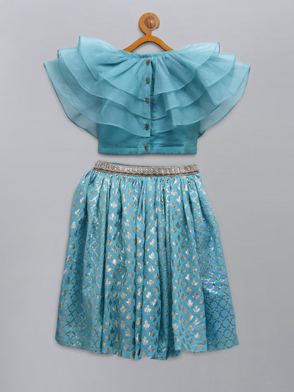 Blue Organza Ruffled blouse with Cotton Zari Lehnga