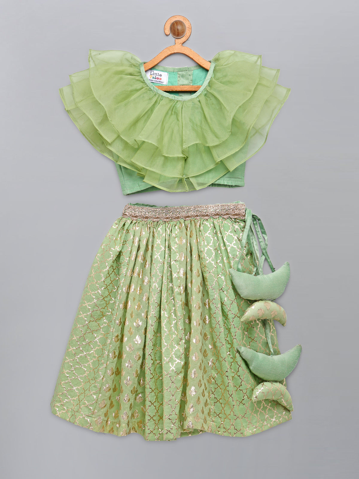 Lime Green  Organza Ruffled blouse with Cotton Zari Lehnga