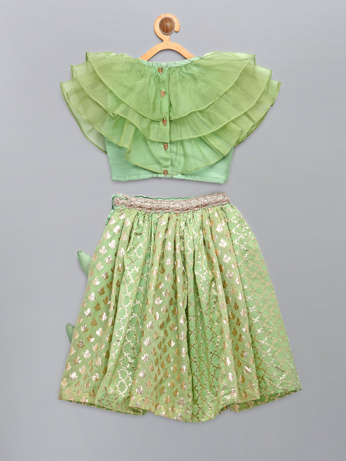 Lime Green  Organza Ruffled blouse with Cotton Zari Lehnga