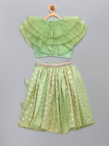 Lime Green  Organza Ruffled blouse with Cotton Zari Lehnga