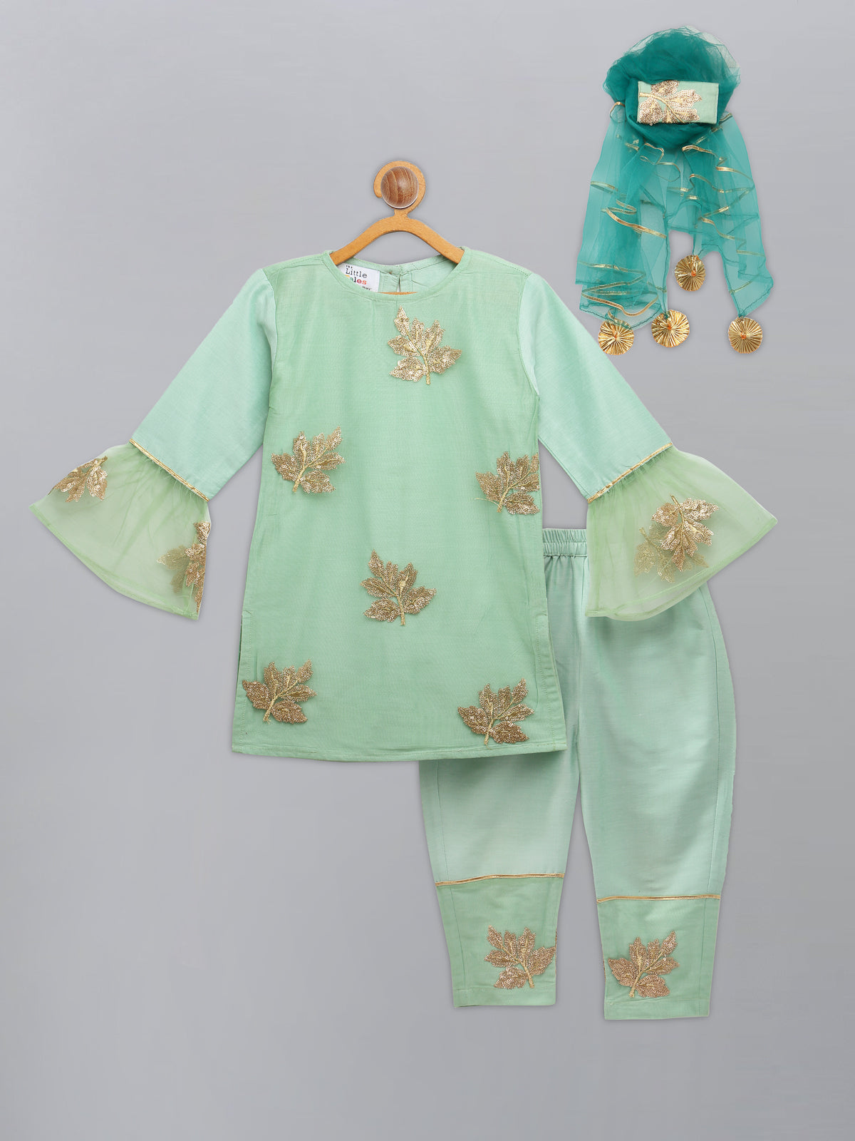 Leaf Embroidered kurta pants with embroidered net dupatta