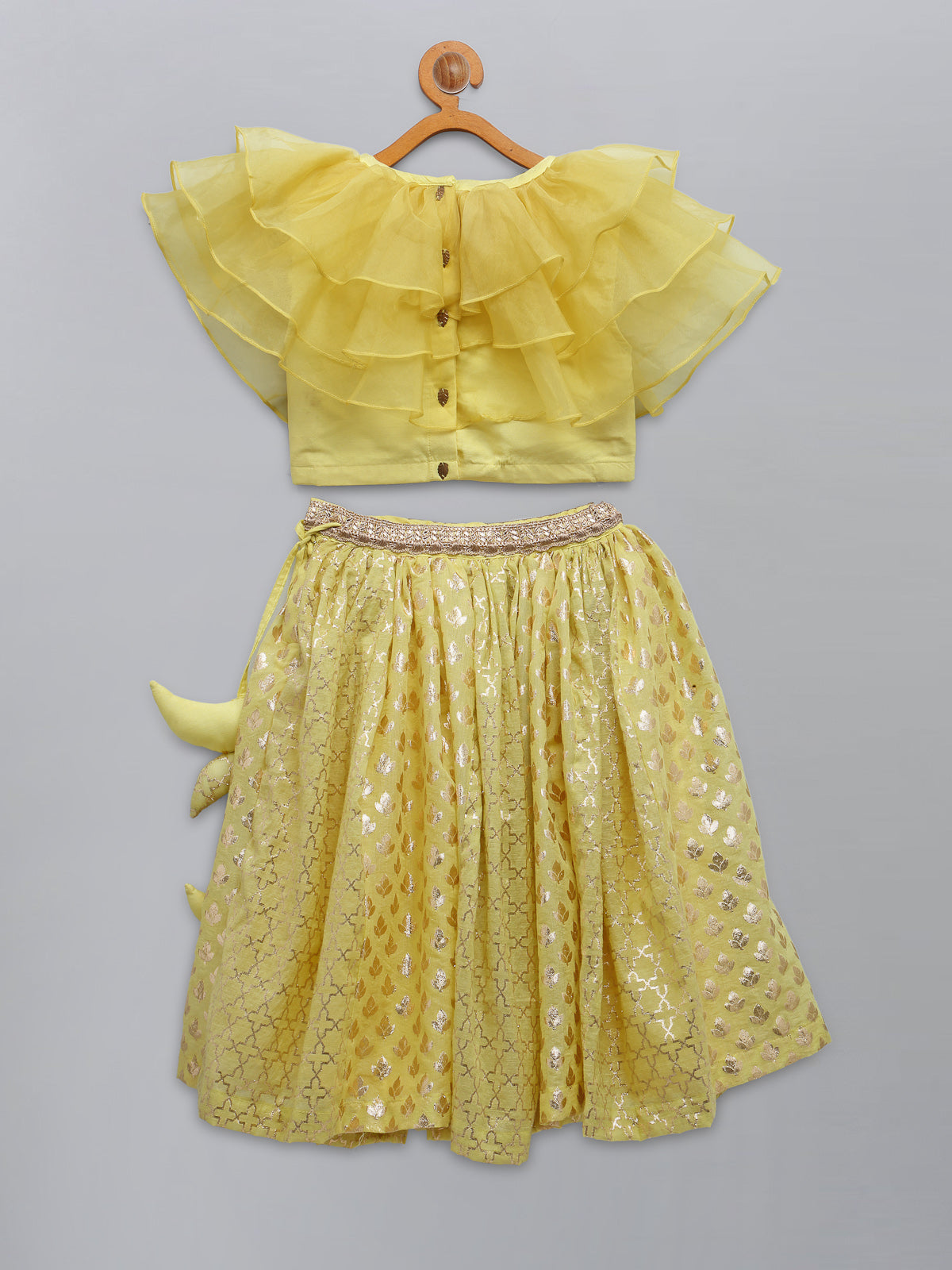 Lime Yellow Organza Ruffled blouse with Cotton Zari Lehnga