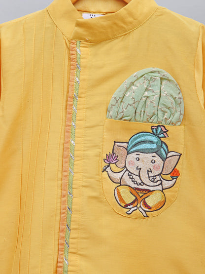 Mustard Ganpati Embroidered Kurta Dhoti  Set