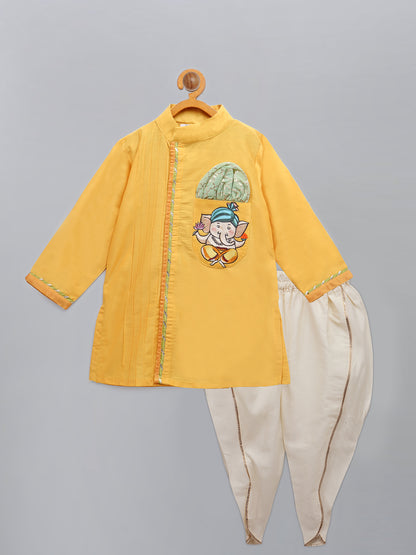 Mustard Ganpati Embroidered Kurta Dhoti  Set