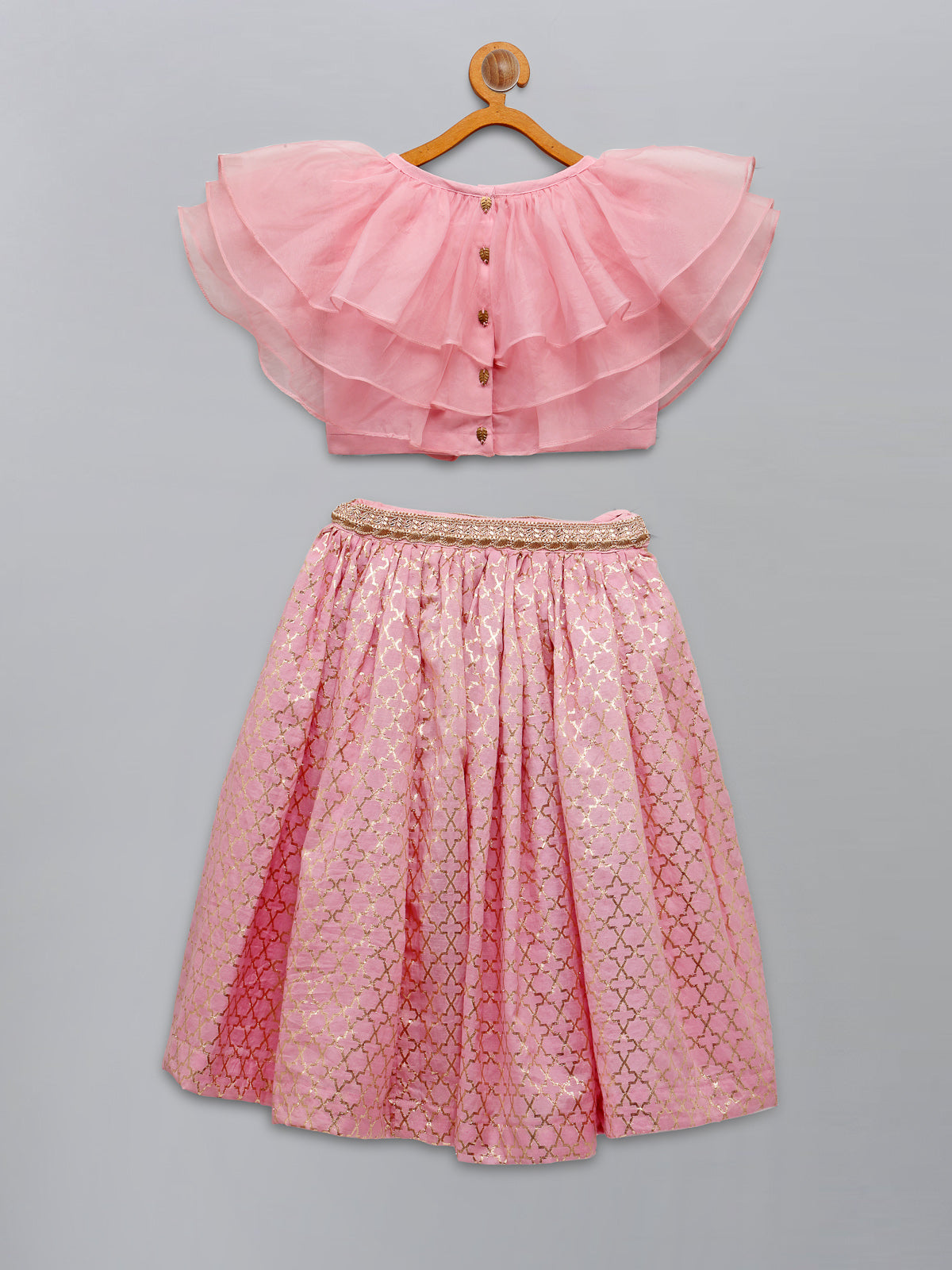 Light Pink Organza Ruffled blouse with Cotton Zari Lehnga