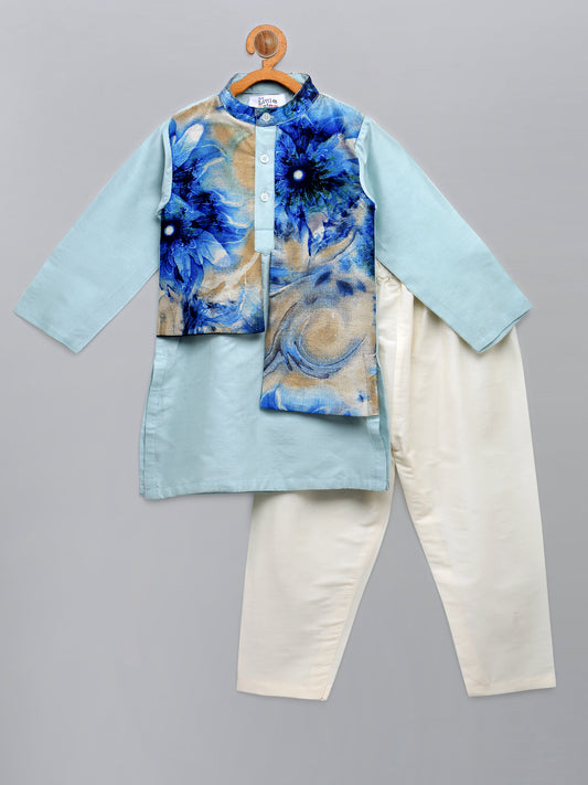 Pastel Blue Kurta with Printed jacket attached Kurta Pyjama