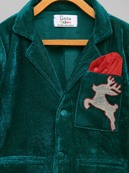 Green Reindeer Embroidered Velvet Blazer