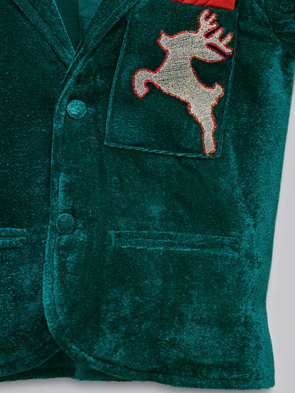 Green Reindeer Embroidered Velvet Blazer