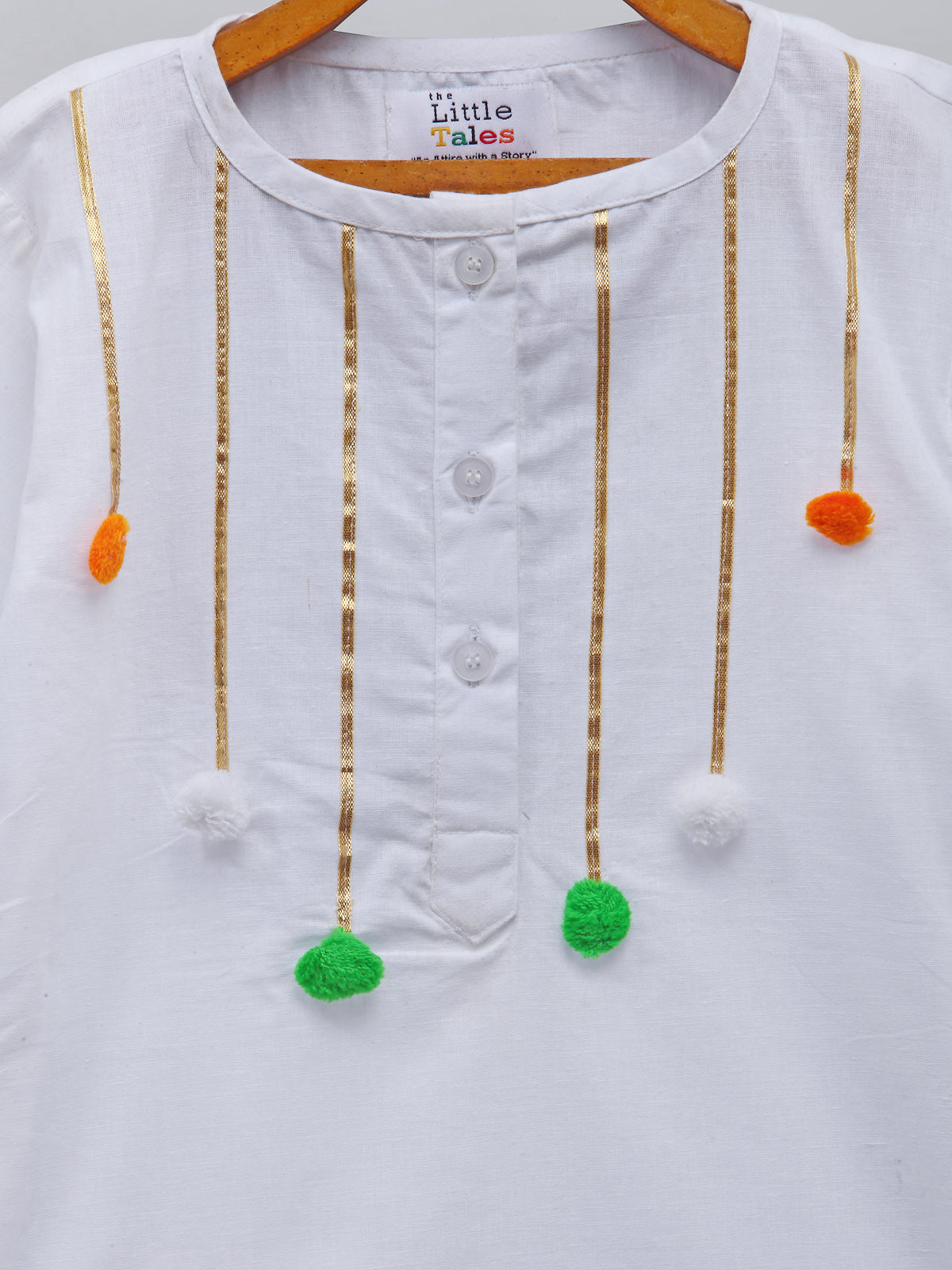 Tricolor Pom Pom Gota finishing White Kurta Pyjama