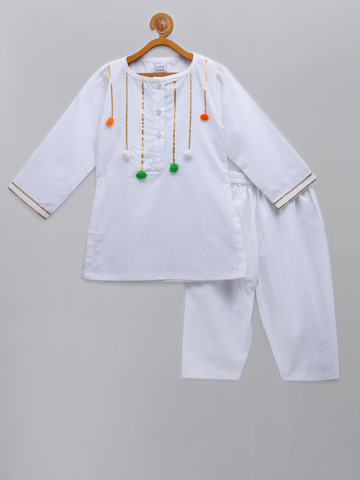 Tricolor Pom Pom Gota finishing White Kurta Pyjama